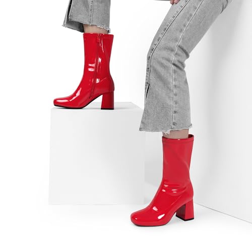 DREAM PAIRS Women's Mid Calf Gogo Boots Low Block Heel Square Toe Ankle Boot with Zipper for Party Cosplay Dance,Size 9,Red,SDMB2301W-1