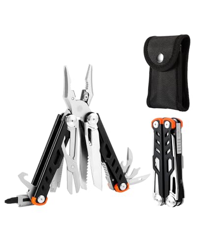 Ecrekhom Multitool 15-in-1 Stainless Steel Multi Tool Pliers with Knife, Spring-Action Pliers and Scissors, Multitool for Survival, Camping, Hiking, Gifts for Men (Black)