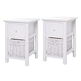 HOMCOM Conjunto de 2 Mesillas de Noche Multifuncional Mesa Auxiliar para Salón Dormitorio con 1 Cajón 1 Cesto Diseño Clásico Gran Espacio para Almacenaje Blanco 28x31x45cm