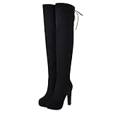 Overknee Boots Overknee Stiefel mit Blockabsatz und Schnürung High Heels Plateau Stretch Boots 12cm Absatz Winter Schuhe(Schwarz,38)