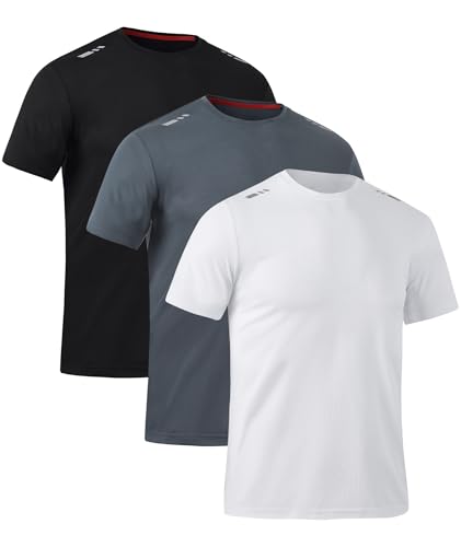 Zoofly Mens Tshirt 3 Pack Gym Workout T Shirts Quick Dry Sports T-Shirt Crew Neck Short Sleeve Athletic T Shirt Black/Grey/White L