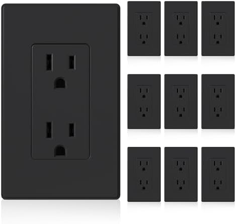 ELEGRP Matte Black Standard Decorator Electrical Wall Receptacle Outlet, 15A 125V, 2 Pole 3 Wire, Non-Tamper Resistant, NEMA 5-15R, Self-Grounding, Wall Plate Included, UL Listed, 10 Pack