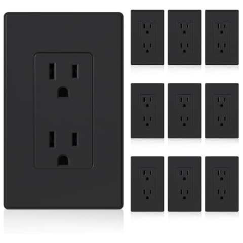 ELEGRP Matte Black Standard Decorator Electrical Wall Receptacle Outlet, 15A 125V, 2 Pole 3 Wire, Non- tamper Resistant, NEMA 5-15R, Self-Grounding, Wall Plate Included, UL Listed, 10 Pack Cover