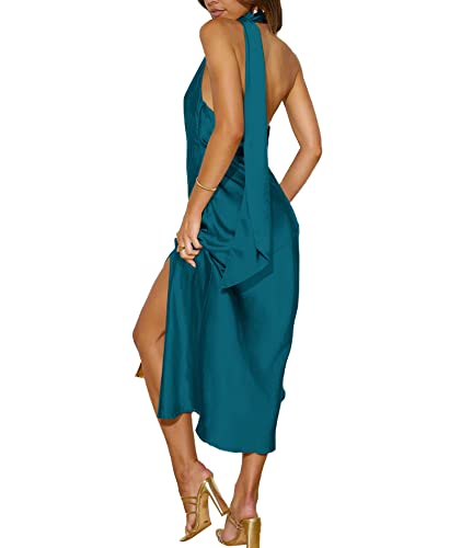 Image of Sexyshine Women's Elegant Halter Tie Neck Sleeveless Satin Long Dress Backless Split Cocktail Party Formal Wedding Maxi Dress