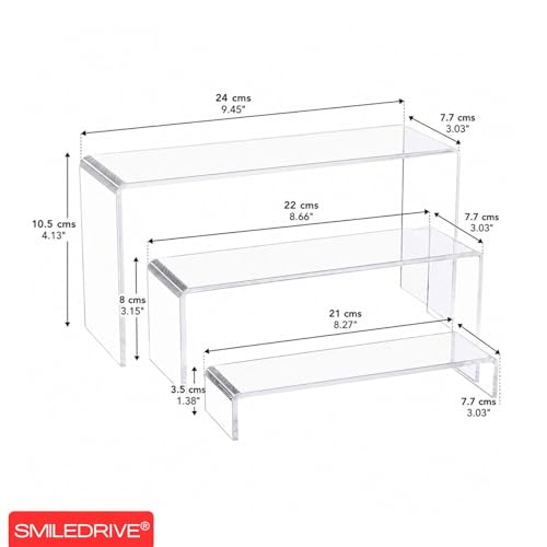 Image of SMILEDRIVE Acrylic Stand for Display, 5mm Thick Acrylic Risers, Set of 3 | Clear, Stackable Display Shelves, For Jewellery, Bakery, Cosmetics, Perfumes, Collectibles