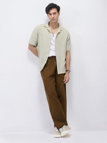 Image of Urbano Fashion Men's Loose Fit Solid Linen Blend Trousers Non-Stretchable