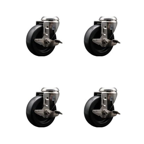 Polyolefin Swivel Bolt Hole Caster Set of 4 with 4 Inch Black Caster Wheels - 316 Stainless Steel Casters -Includes 4 Swivel Casters with Top Lock Brakes-1,400 lbs. Total Capacity-Service Caster Brand