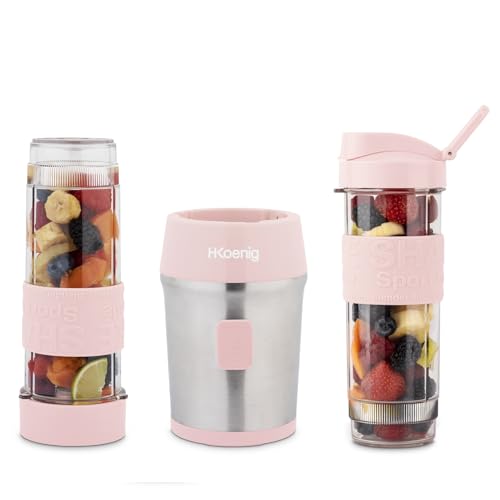Foto von H.Koenig Mini Smoothie Maker Standmixer, Blender elektrisch, Transportabel Kompakt 570mL SMOO12 BPA-frei Leistungsstarke 300W, Smoothie Mixer 2 tragbare Flaschen, Edelstahlklingen, Pastellrosa