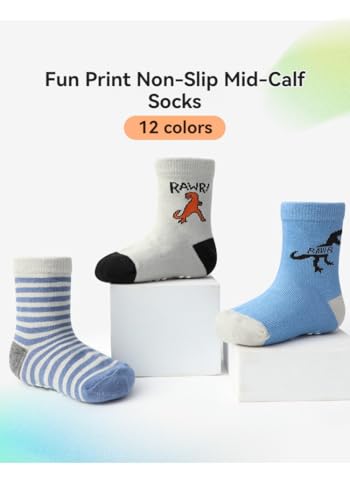 12 pairs Non-Slip Cartoon Kids Socks for Boys&Girls– Combed Cotton, Breathable&Comfortable Socks for Babies&Toddlers (KB158,Large)2