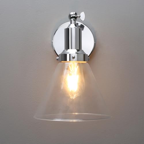 Image of PERMO Industrial Vintage Slope Pole Wall Mount Single Sconce with Funnel Flared Clear Glass Shade Chrome Wall Sconce Light Fixtures