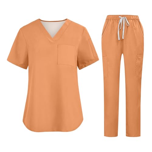BTLYUIOAPE Women's Quick Drying V-Neck Scrub Top & Cargo Pant Set