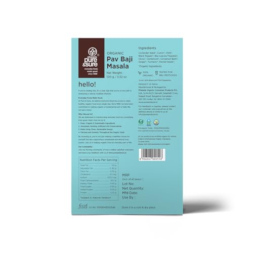 Image of Pure & Sure Organic Pav Bhaji Masala Powder 200G | Delicious & Aromatic Pao Bhaji Masala Mix with Natual Oils | Instant Ready to Use | No Artificial Flavorful & No Colour (100g X pack of 2)
