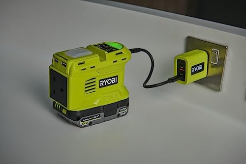 RYOBI - 2-in-1 transformator 18V One+ / EU elektrische poort - 2 USB-A poorten - 1 USB-C poort - 1,7 A oplaadfunctie - LED-lamp - (zonder batterij en oplader) - RY18BI150B-0 - Afbeelding 3