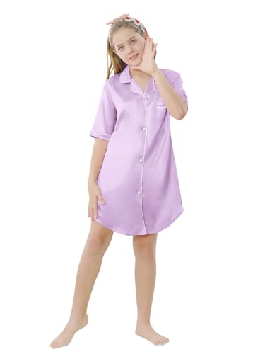 Image of Schbbbta Girls & Women Silk Nightgown, Short Sleeve Button Down Satin Nightshirt Pajama House Dress, 3 Years- Women 2XL