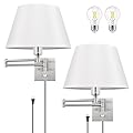 TRLIFE Dimmable Wall Sconce Plug in, Brushed Nickel Wall Sconces Set of Two Swing Arm Wall Lights with Plug in Cord and On/Off Dimmer Rotary Switch, 11.8" Large White Fabric Shade(2 Pack, 2 Bulbs)