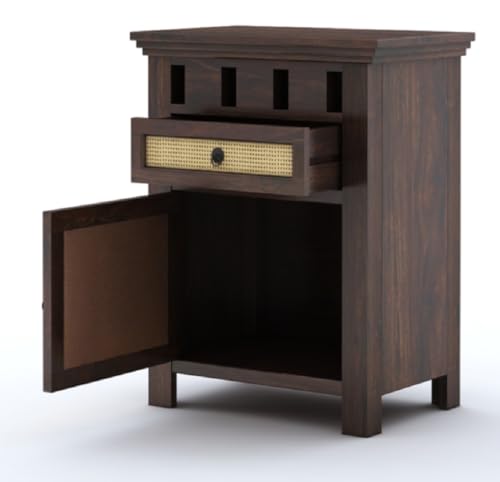 Image of Sheesham Wood Bedside Table for Bedroom Living Room Home Office with 1 Drawer and Cabinet Storage Solid Wood Table Furniture | End Table | Nightstand | Sofa Side Table (Walnut Finish)