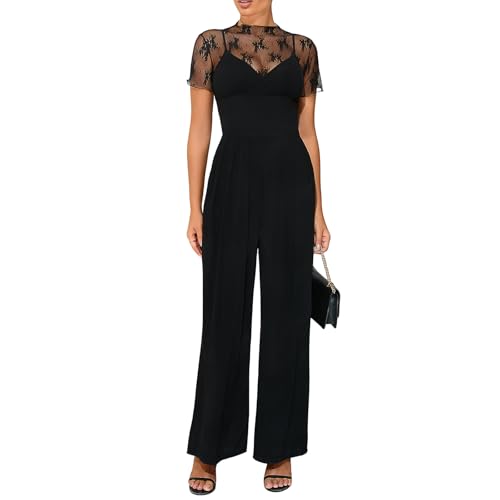 JBT Women’s Two Piece Set – Lace Tops & Sleeveless Wide-Leg Pants, Elegant Black Jumpsuit for Women(Lace top&Jumpsuit,Black,M)