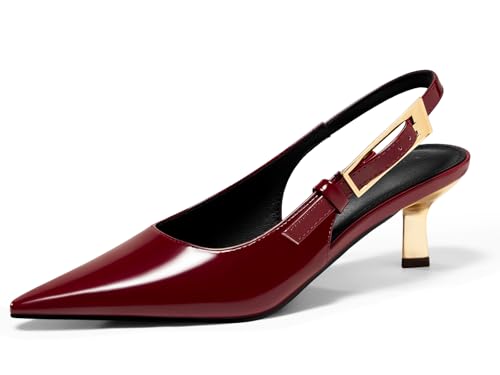 Coutgo Womens Slingback Kitten Heels Closed Pointed Toe Pumps Buckle Strap Wedding Party Dress Shoes, Burgundy, Size 7.5