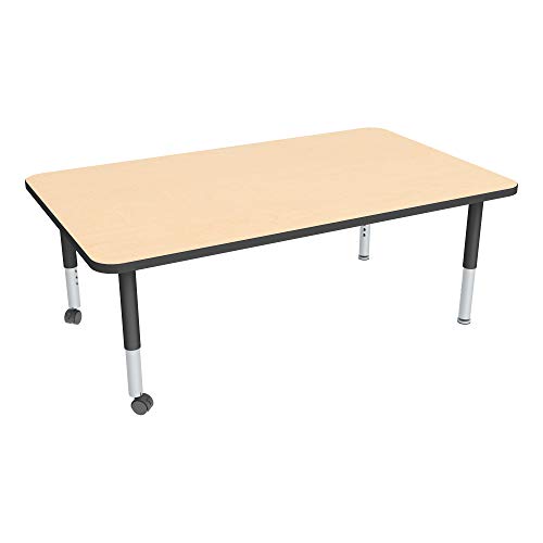 Image of Sprogs Adjustable Height Mobile Classroom Activity Table for Preschools, Rectangle Preschool Activity Table with Casters, 36 inchD x 72 inchW x 23 inchH, Maple /Black