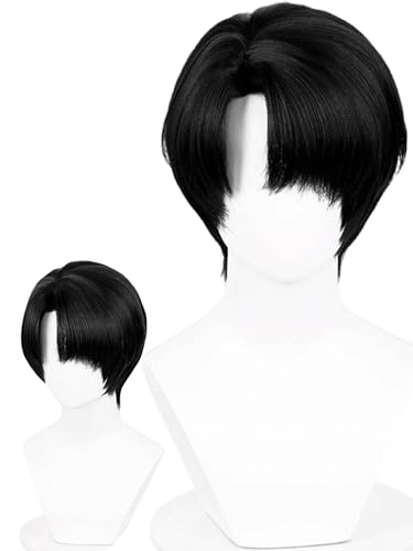 Image of Half and Half Short Black Anime A-O-T Cosplay Wig with Side Part Bangs Black Soldier Wigs Emo Costume Wigs for Halloween Party