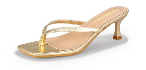Hodeery Womens Kitten Heels Thong Sandals Open Square Toe Flip Flop Low Heels 2.5 Inch Slip On Sexy Women Dressy Slide Shoes for Casual Gold 8