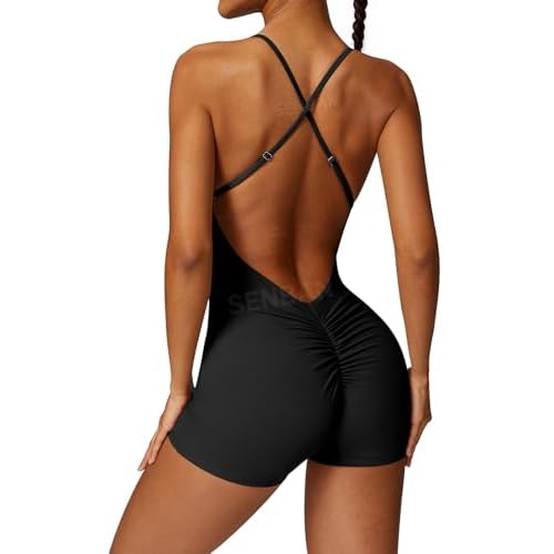 SENBAN Women Zip Up Rompers One Piece Yoga Workout Shorts Jumpsuit Short Sleeve Tummy Control Bodycon Bodysuit Small B Black