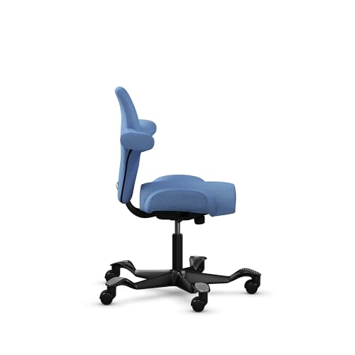 Image of HAG Capisco Standard Chair-Black Frame-Upholstered Light Blue Washed