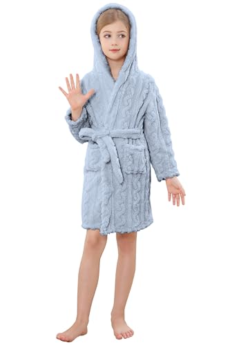 Girl's Flannel Robes, Bath Robe with Belt, Soft Flannel Kids Sleepwear Hoodie, Sky Blue, 7-8 Years = Tag 1502