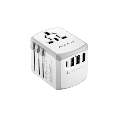 LENCENT Adaptador Enchufe de Viaje Universal, Cargador de Pared USB Internacional de 4 Puertos y Tipo C para EEUU/UK/EU/AUS Más de 200 Países para Teléfonos, Tabletas, Cámara y más, Blanco