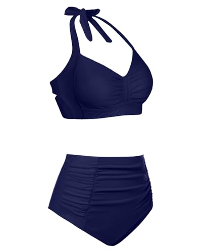 Image of Holipick Women High Waisted Bikini Set Two Piece Swimsuit Tummy Control Bathing Suit Vintage Halter Swimwear