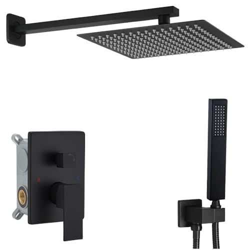 Image of Shower Faucet Set 16 Inch Wall Mount Rain Shower System, All Metal Shower Fixtures - Matte Black