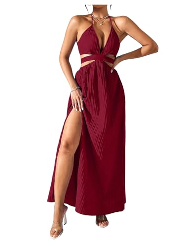 Image of SHENHE Women's Sexy Cut Out Tie Backless Halter Deep V Split Thigh Party Night Maxi Dress