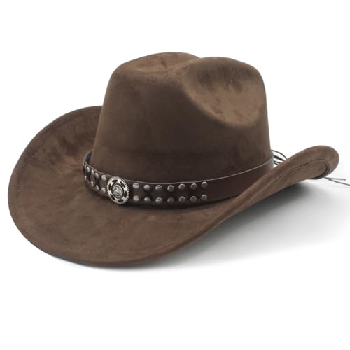 Image of Cowboy Hat for Women Men Wide Brim Western Cowgirl Hat Roll up Brim with Belt Buckle Classic Suede Country Cowboy Hat