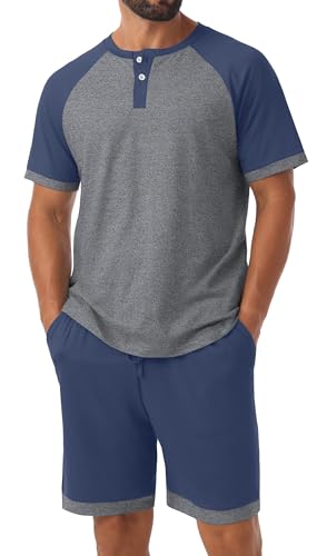 NUOKESASI Mens Pajamas Set Lightweight Summer Pjs Sleepwear Henley Neckline Soft Comfy Short Sleeve Loungewear Navy Blue
