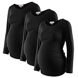 Women's Maternity Shirts 3 Packs Long Sleeve Pregnancy Tops Basic Side Ruched Tunic Blouse,Black/Black/Black L