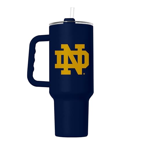 Logo Brands NCAA Notre Dame Fighting Irish 40 oz Tumbler with Handle -Powder Coated-Stainless Steel with Straw– Leak-Resistant, Keeps Drinks Hot/Cold – Everyday Use