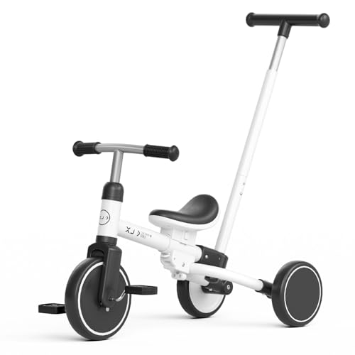 XJD Toddler Tricycle for 1-3 Year Olds, 5-in-1 Toddler Balance Bike, Adjustable Push Handle, Adjustable Seat & Removable Pedal, Birthday Gift Toy for Boys and Girls(White)
