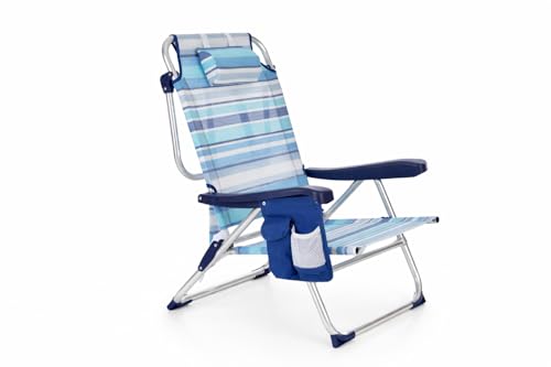 ARW   Silla de Playa Plegable con Bolsillo Lateral, 5 Posiciones Reclinables, Estructura de Aluminio Ligera, Cojín Reposacabezas, Asas Mochila y Cierre Clic, Soporta 110 kg (Rayas Azules 1 Unidad)
