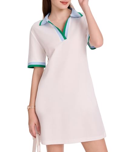 Image of WOWULOVELY Polo Dress for Women V Neck Casual Short Sleeve Mini Shirt Dress Flowy Contrast Color Golf Tennis A Line Dresses(White-M)