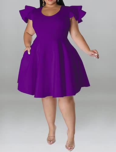 Image of IyMoo Women's Plus Size Cape Flutter Sleeve Stretchy A Line Swing Flared Skater Cocktail Party Dress with Pockets