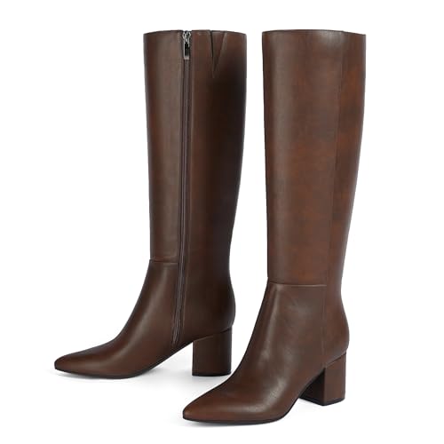 Image of Easyfox Womens Knee High Boots Chunky Low Heel Pointed Toe Tall Long Boots | Balanced Low Block Heel, Sleek Pointed Toe, Anti-slip Rubber Outsole, Fashion Heeled Dressy Fall Winter Long Boots for Women