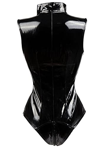 Women Shiny Metallic Zipper Crotch Teddy Lingerie Wet Look Pu Leather Jumpsuit Sexy Deep V Neck Sleeveless Zip Bodysuit (Black,Small) - Image 3