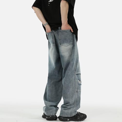 Men's Jeans Pleated Vintage Denim Loose Fit Straight Leg Summer Pants4