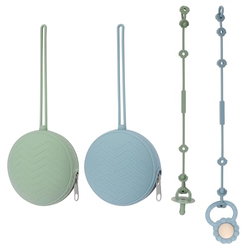 Image of Nupoopy 2 Pack Silicone Pacifier Holder Case & Toy Safety Straps, BPA-Free Silicone Newborn Pacifier Pouchs for Baby Boys & Girls, Portable Silicone Pacifier Container Case (Sage/Ether)