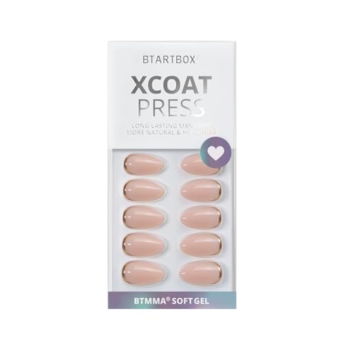 BTArtbox Press On Nails Almond - Short Gold Foil Press On Nails with Glue for Women, Semi-Transparent Soft Gel Glue On Nails in 16 Sizes - 32 Stick On Nails Kit, Gold End