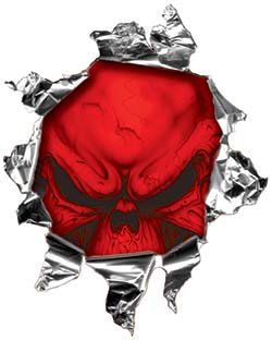 Reflective Mini Rip Torn Metal Bullet Hole Style Graphic Decal/Stricker with Red Demon Skull