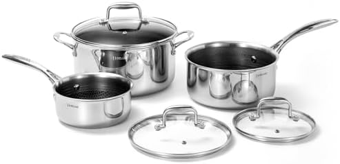 DELUXE Hybrid Ceramic Nonstick 6 PCS Pot Set, 1.3, 3&5.4-Quart Pot with Tempered Glass Lid, Stainless Steel Cookware Pots with Stay-Cool Handle, Dishwasher Safe, Compatible with All Cooktops