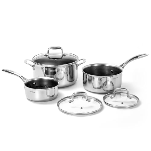 DELUXE Hybrid Ceramic Nonstick 6 PCS Pot Set, 1.3, 3&5.4-Quart Pot with Tempered Glass Lid, Stainless Steel Cookware Pots with Stay-Cool Handle, Dishwasher Safe, Compatible with All Cooktops