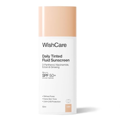 Image of WishCare Daily Fluid Tinted Sunscreen SPF50 PA++++| L104 | Broad Spectrum Protection for all skin types | In-Vivo Tested Tinted Sun Screen | D-Panthenol, Niacinamide, Ectoin & Ginseng | Evens & Protects | 50ml