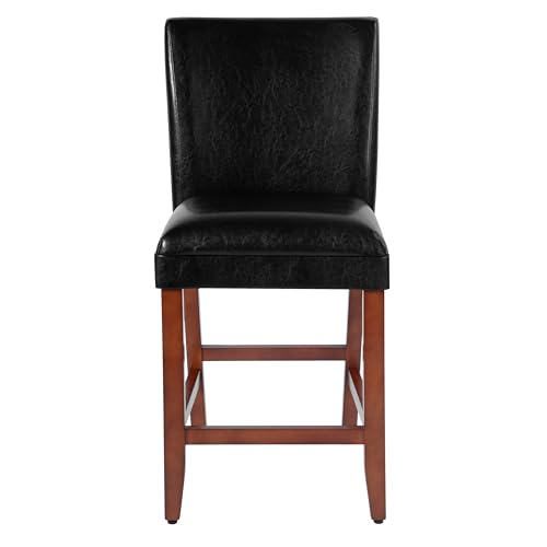 Butaco HomePop de 24 pulgadas, tapizado en cuero sintético negro, con patas de madera acabado cerezo miniatura 1